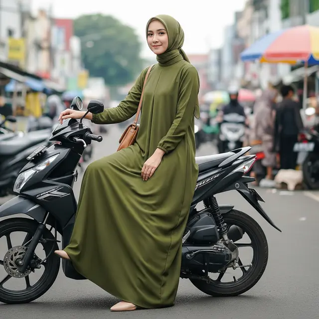 Model Gamis yang Tetap “Rapi & Adem” untuk Komuter Motor Setiap Hari (Image by Gemini AI)
