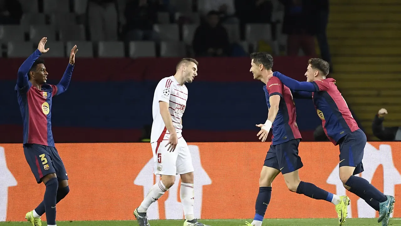 Selebrasi pemain Barcelona ketika melawan Brest di Liga Champions
