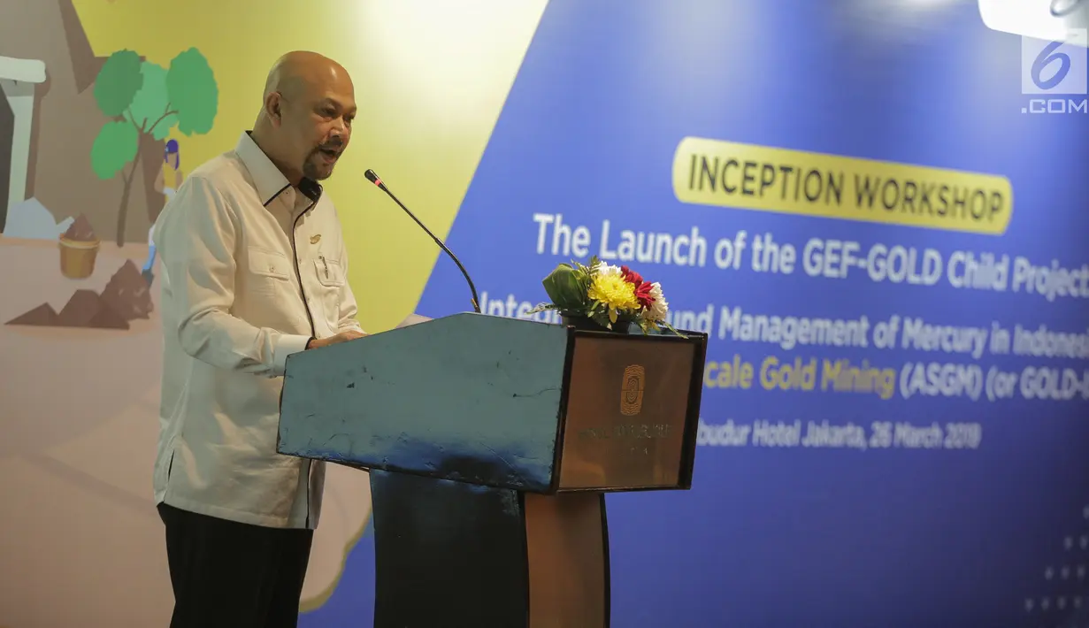 Kepala BPPT Hammam Riza memberikan paparan terkait membatasi penggunaan merkuri di Indonesia dalam pembukaan proyek peluncuran inisiatif pembatasan penggunaan merkuri di Indonesia di Jakarta, Selasa (26/3). (Liputan6.com/Faizal Fanani)