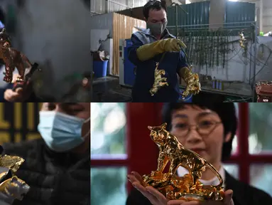 Kombinasi foto yang diambil pada 19 Januari 2022 dari model harimau berlapis emas yang sedang dibuat di Hanoi, Vietnam, menjelang Tahun Baru Imlek mendatang, yang menurut astrologi China ditandai sebagai Tahun Macan Air. (Nhac NGUYEN / AFP)