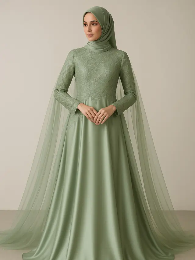 Gamis Brokat Kombinasi Satin dengan Cape Tulle