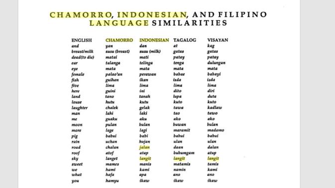 Kesamaan Bahasa Suku Chamorro di Pulau Guam dengan Bahasa Indonesia (Ancient Chamorro Society/Lawrence J.Cunningham) 