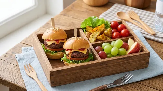 Bento Mini Burger dengan Kentang dan Tomat Ceri