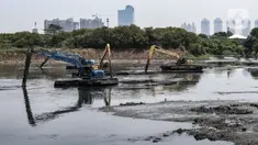 Petugas dari Dinas Sumber Daya Air menggunakan alat berat saat kegiatan Gerebek Lumpur di Waduk Ria Rio, Jakarta, Senin (21/9/2020). Kegiatan itu sebagai upaya mengatasi banjir Ibu Kota saat musim penghujan dengan mengurangi proses pendangkalan di sungai, danau, dan waduk (merdeka.com/Iqbal Nugroho)