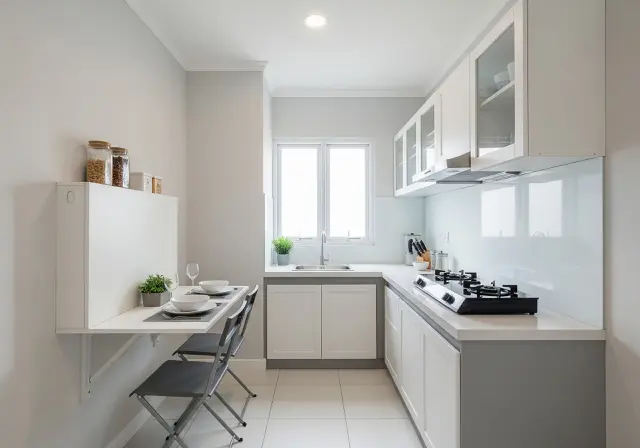 Dapur Garis Tunggal dengan Meja Lipat Dinding/dapur rumah 3x2 meter dengan kombinasi ruang makan kecil (Sumber: gemini.com)