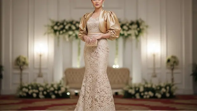 Long Dress Brokat Champagne Model Mermaid + Outer Satin Gold Lengan Balon