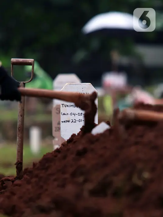 Petugas merapikan makam jenazah dengan protokol COVID-19 di TPU Bambu Apus, Jakarta, Jumat (22/1/2021). Lahan pemakaman khusus dengan luas 3.000 meter persegi di TPU Bambu Apus ini diperkirakan mampu menampung 700 jenazah dengan protokol COVID-19. (Liputan6.com/Helmi Fithriansyah)