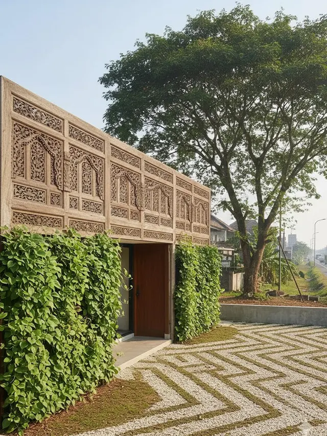 Desain Landscape Rumah di Desa Dekat Jalan Raya. AI
