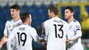 Para pemain Jerman merayakan gol Jonas Hector (kanan) saat melawan San Marino pada laga grup C kualifikasi Piala Dunia 2018 di San Marino stadium, Serravalle, (11/11/2016). (AFP/Vincenzo Pinto)