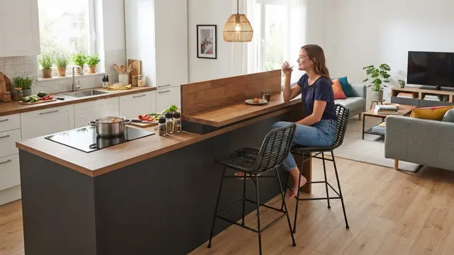 Desain Meja Bar Mini sebagai Pembatas Dapur dan Ruang Keluarga