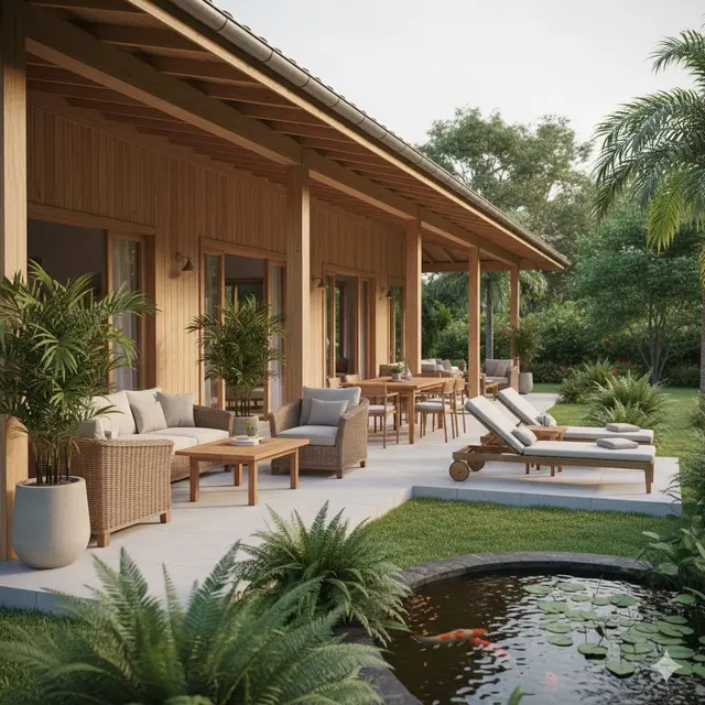 Model Rumah 1 Lantai dengan Teras Luas Bergaya Resort