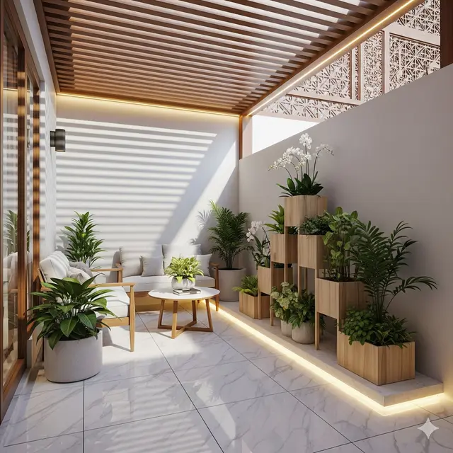 Teras dengan Lantai Marble & Pot Bertingkat