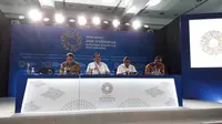 Konferensi pers rangkaian acara pertemuan tahunan IMF-Bank Dunia di Nusa Dua, Bali, Senin (8/10/2018). (Ilyas/Liputan6.com)