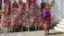 Seorang wanita melihat daun kelapa yang dihias bunga saat festival tahunan Panchimalco Flower and Palm Festival di Panchimalco, San Salvador (6/5). (AFP/Marvin Recinos)