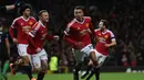 Ekspresi Jesse Lingard setelah mencetak gol pertama Manchester United ke gawang Stoke City dalam lanjutan Liga Inggris di Stadion Old Trafford, Manchester, Rabu (3/2/2016) dini hari WIB. (AFP/Paul Ellis)