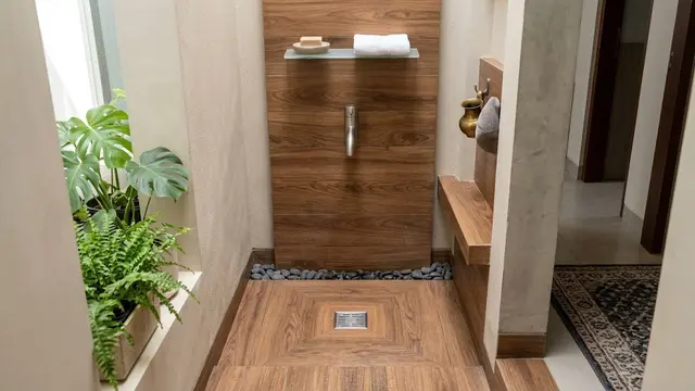 Model Tempat Wudhu dengan Keramik Motif Kayu/AI Generated
