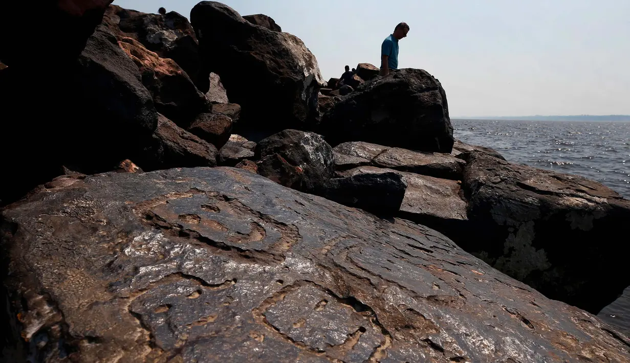 Lukisan-lukisan batu terlihat di situs arkeologi Ponta das Lajes, di daerah pedesaan Manaus, Brasil, Sabtu, 28 Oktober 2023. (AP Photo/Edmar Barros)