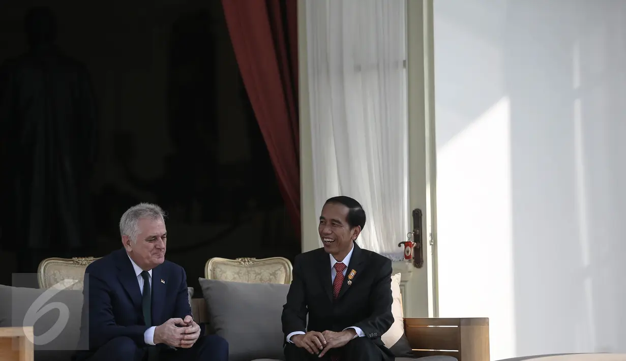 Presiden Jokowi dan Presiden Republik Serbia, Tomislav Nikolic berbincang di halaman belakang Istana Merdeka, Jakarta, Rabu (27/4). Pertemuan keduanya untuk meningkatkan komitmen kerjasama antara Indonesia dan Serbia  (Liputan6.com/Faizal Fanani)