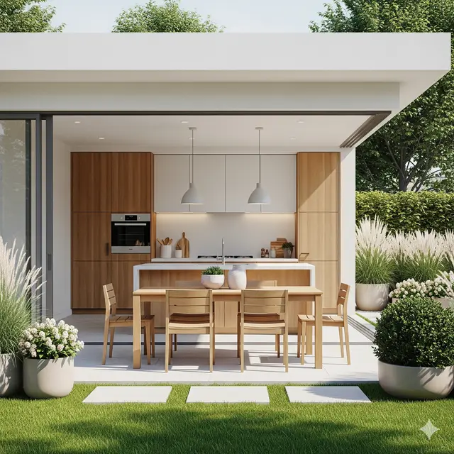 Inspirasi Desain Dapur Terbuka Menyatu dengan Taman Belakang. Gemini