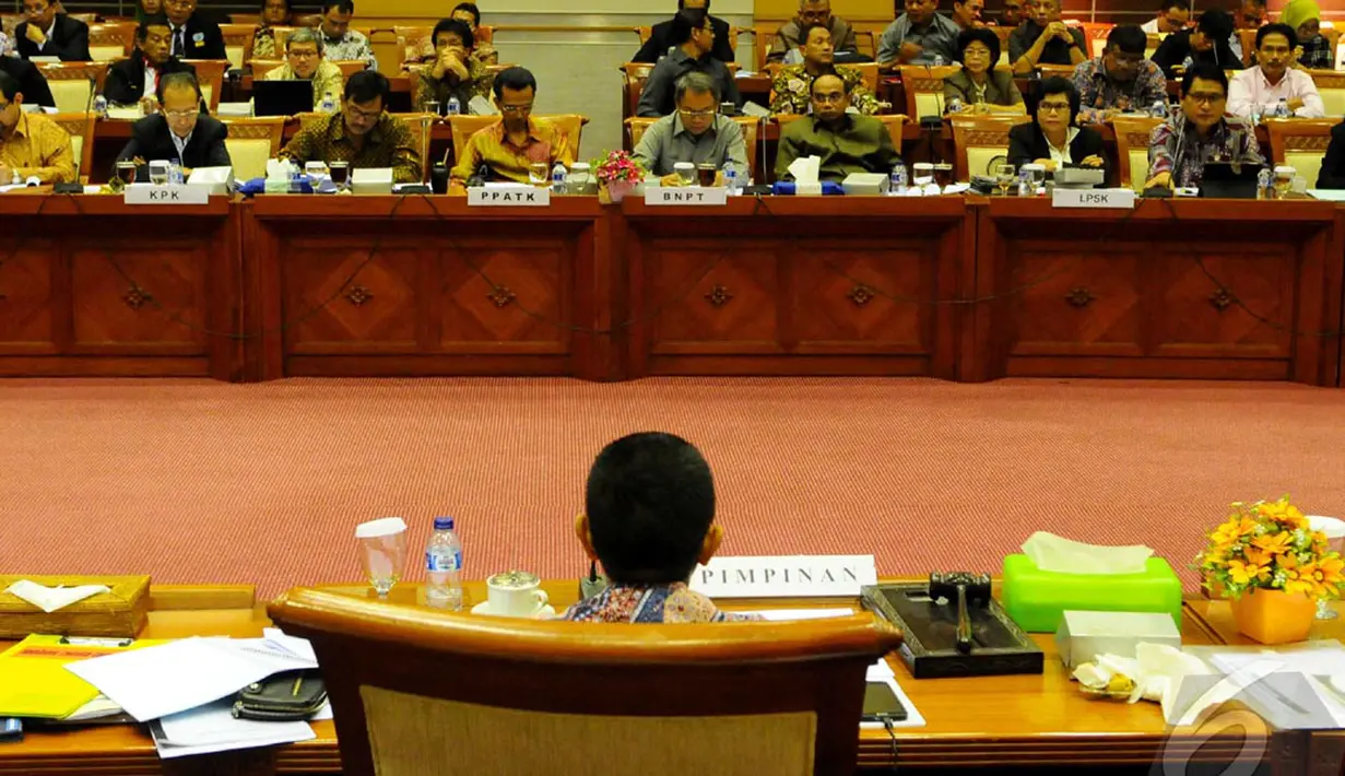 Mitra kerja Komisi III yang hadir yaitu BNN, KPK, PPATK, BNPT, Komnas HAM dan LPSK di Komplek Parlemen, Senayan, Jakarta, Rabu (3/9/2014) (Liputan6.com/Andrian M Tunay)