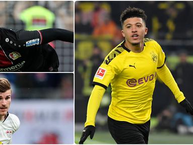 Jadon Sancho menjadi salah satu pemain Bundesliga dengan harga pasar termahal jika ingin dibeli oleh klub lain pada saat ini. Pemain berusia 20 tahun ini memiliki value harga mencapai 117 juta euro. Berikut Jadon Sancho dan 5 pemain termahal di Bundesliga. (kolase foto AFP)