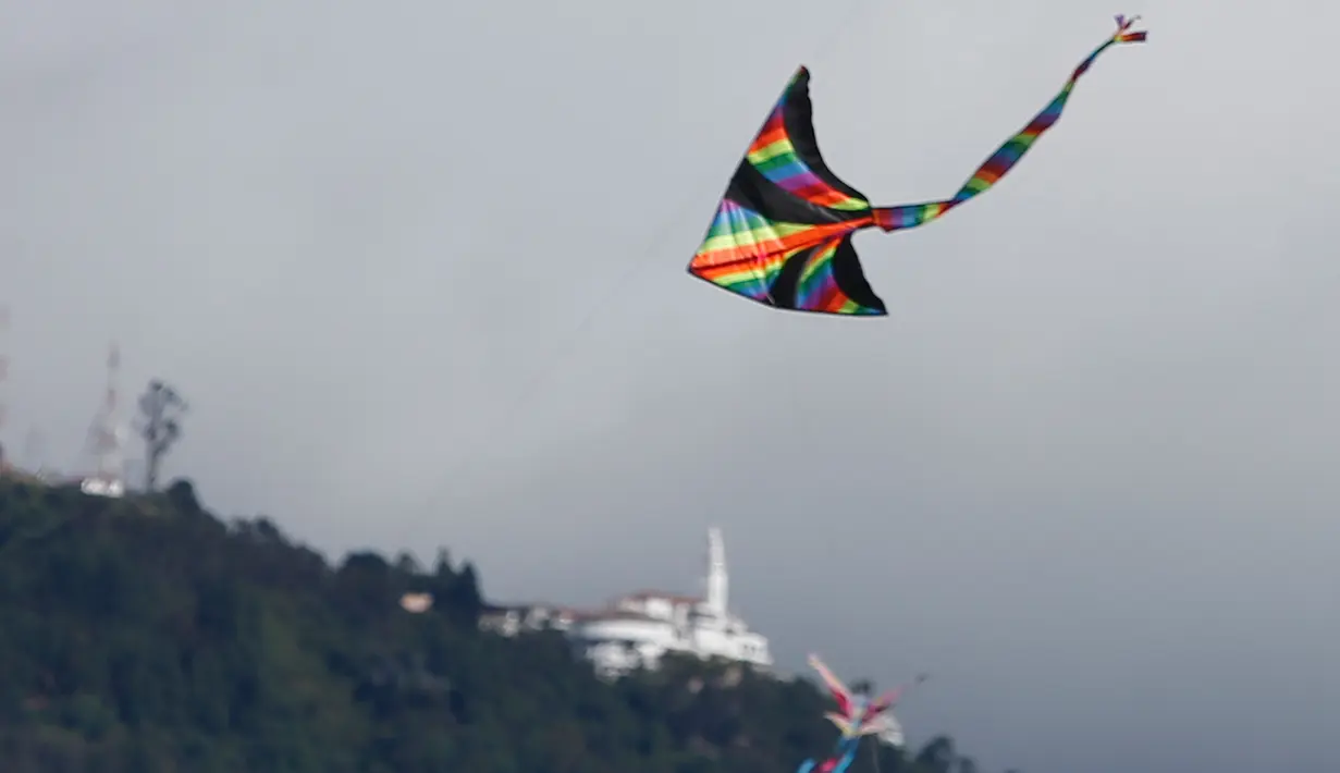 Orang-orang menerbangkan layang-layang selama festival musim panas di taman Simon Bolivar, Bogota, 12 Agustus 2018. Menikmati musim panas, menerbangkan layang-layang tetap menjadi kegiatan utama yang harus dilakukan. (AFP PHOTO/John VIZCAINO)