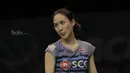 Tunggal putri Thailand, Nitchaon Jindapol, saat melawan tunggal putri Jepang, Sayaka Sato. Jindapol berada di peringkat ke-27 Dunia. (Bola.com/M Iqbal Ichsan)