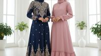 Model Gamis Bahan Balotelli dengan Potongan Flare Elegan Tren 2025. Foto: Gemini