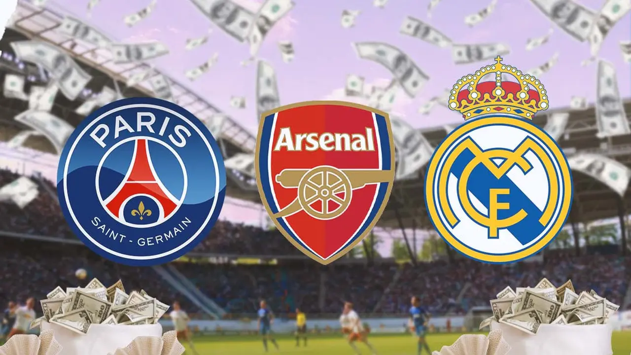 Ilustrasi - Logo PSG, Arsenal, dan Real Madrid dengan Hujan Uang