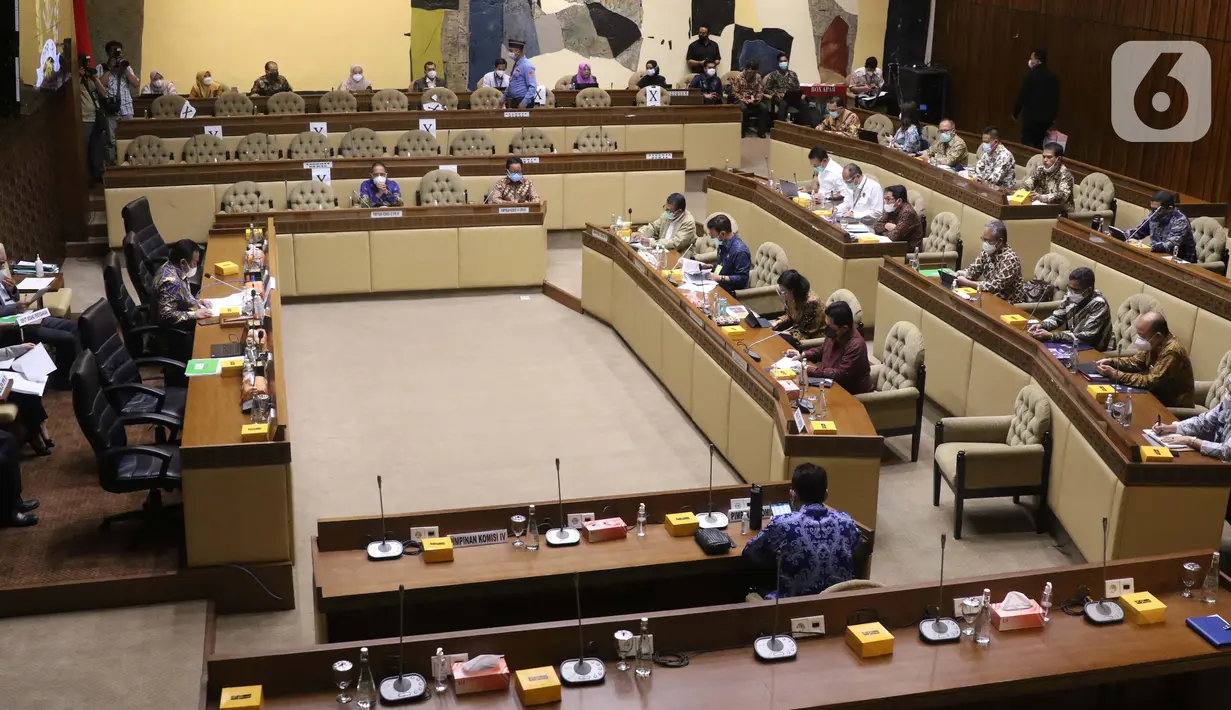 Suasana saat Menteri BUMN Erick Thohir, Menteri Keuangan Sri Mulyani Indrawati, Menteri Pertanian Syahrul Yasin Limpo, dan Menteri ESDM Arifin Tasrif rapat konsultasi dengan pimpinan DPR membahas masalah pupuk subsidi di Kompleks Parlemen, Jakarta, Selasa (9/2/2021). (Liputan6.com/Angga Yuniar)