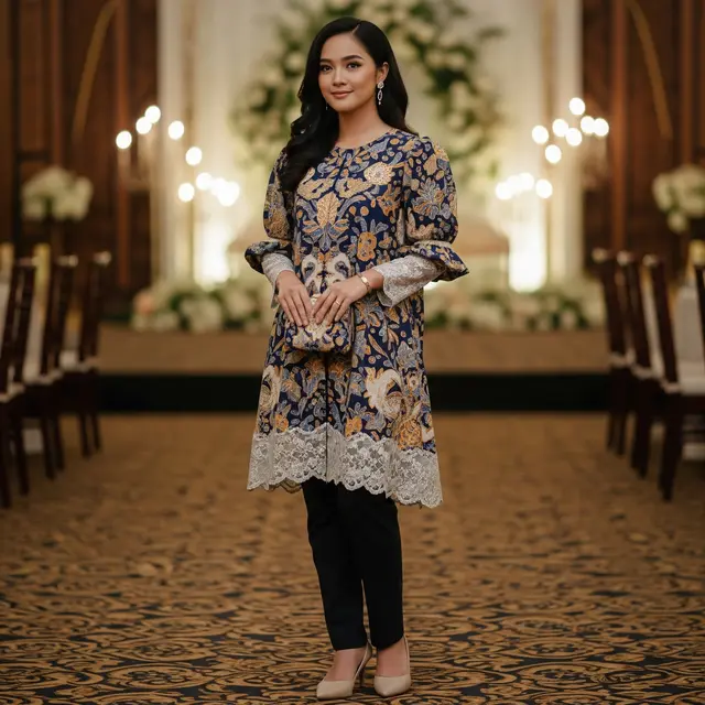 9 Model Tunik Batik Kombinasi Brokat Lengan Puff untuk Acara Semi Formal, Tampil Anggun