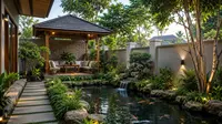 8 Desain Sudut Rumah yang Menggabungkan Kolam Ikan, Taman, dan Gazebo Kecil