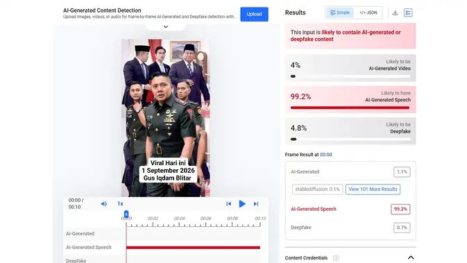 Video klaim Seskab Teddy Indra Wijaya mengumumkan bantuan dari Gus Iqdam menunjukkan buatan AI. (Foto: tangkapan layar Hive moderation)