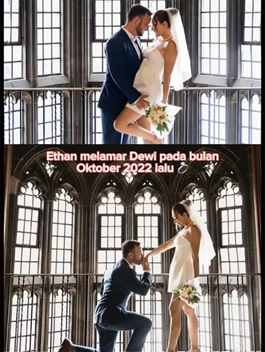 Sekedar informasi, Ethan resmi melamar perempuan dua orang anak itu pada Oktober 2022 lalu. Melalui akun instagramnya, keduanya juga kerap membagikan momen kemesraannya. Dalam potret pernikahannya, Dewi Rezer tampil canitk dengan gaun putih, sedangkan Ethan gagah dengan stelan jas. [Instagram/thebridestory]