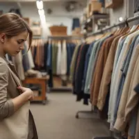 Ilustrasi wanita muda berbelanja di toko barang bekas, dengan hati-hati memeriksa jaket bekas. Membeli baju bekas atau sering disebut thrift bisa menjadi salah satu contoh penerapan hidup frugal Living. (Foto by AI)