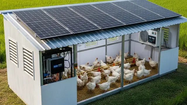 Desain Kandang Ayam dengan Atap Solar Panel Mini. AI