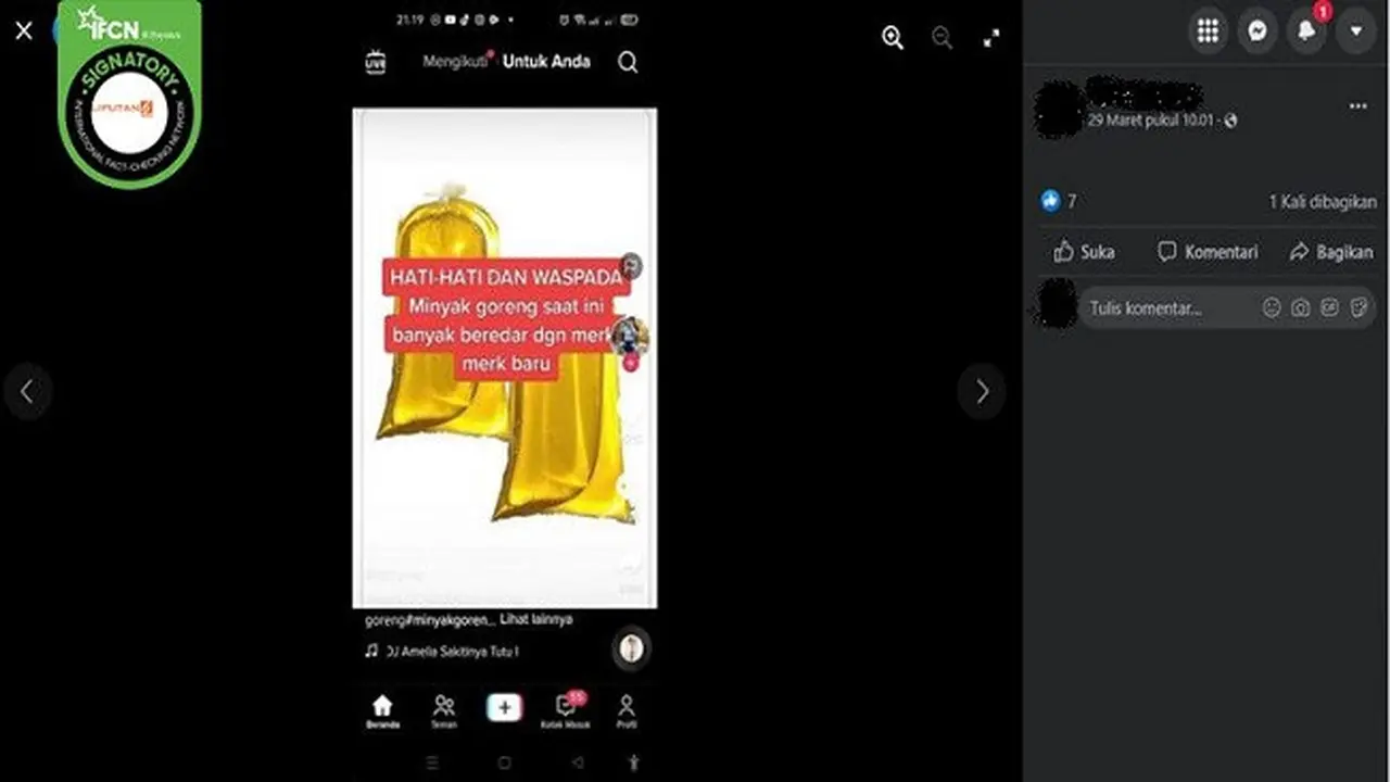 Gambar Tangkapan Layar Klaim Cara Mendeteksi Minyak Goreng Limbah (sumber: Facebook).