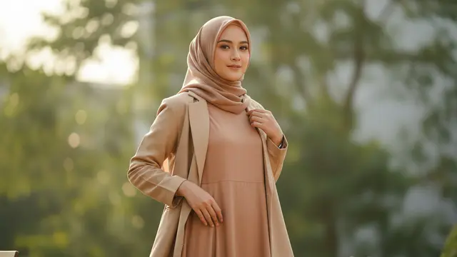 Model Gamis Polos Cutting A-Line dengan Blazer Loose Fit