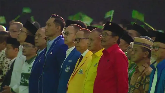 Presiden Joko Widodo, sejumlah menteri, dan para petinggi parpol menghadiri acara Harlah ke-50 PPP, Jumat (17/2/2023).
