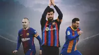 Ilustrasi - Gerard Pique, Andres Iniesta, dan Lionel Messi ddengan Jersey Barcelona&nbsp;(Bola.com/Bayu Kurniawan Santoso)