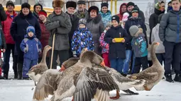 Orang-orang melihat pertarungan angsa tradisional di desa Kalikino sekitar 450 km di luar Moskow, Rusia (17/3). (AFP Photo/Vasily Maximov)