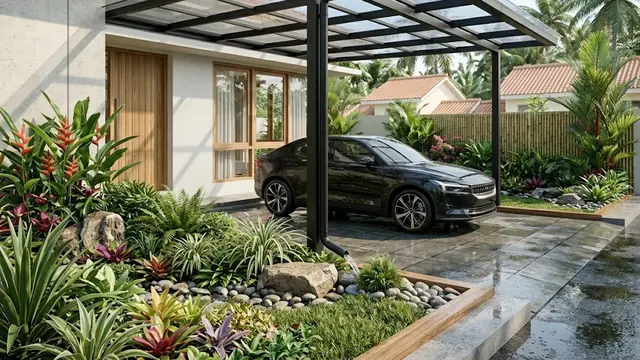 Carport Modern dengan Kanopi Transparan dan Rain Garden Tropis
