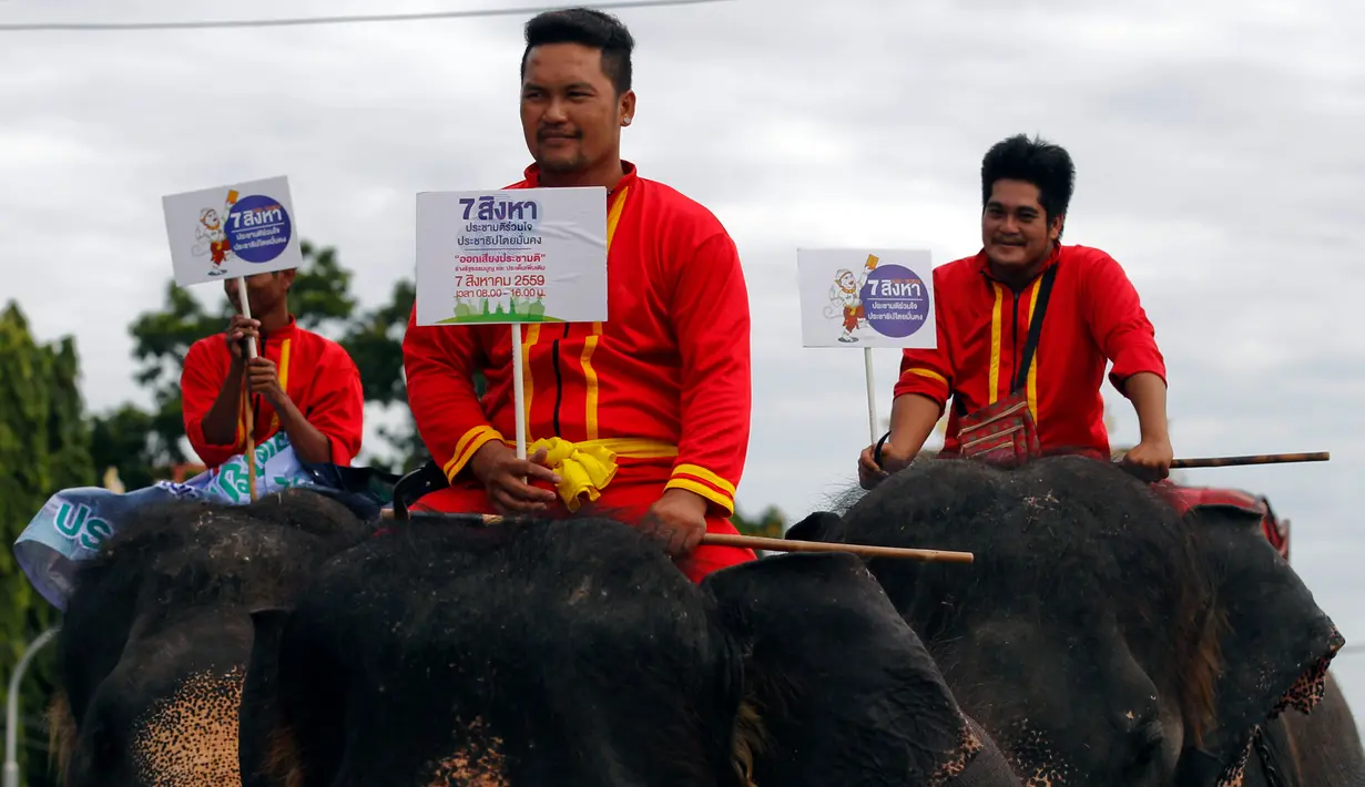 Suasana kampanye jelang referendum pada 7 Agustus mendatang, Thailand, Senin (1/8). Sejumlah gajah ikut serta dalam kampanye tersebut. (REUTERS / Chaiwat Subprasom)