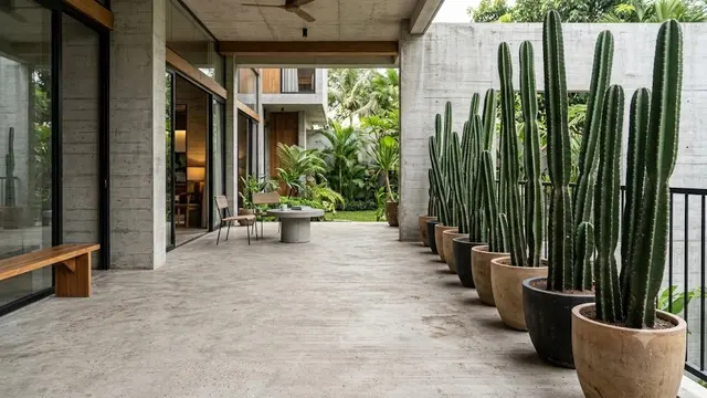 Ide Teras Rumah dengan Kaktus dan Beton Ekspos