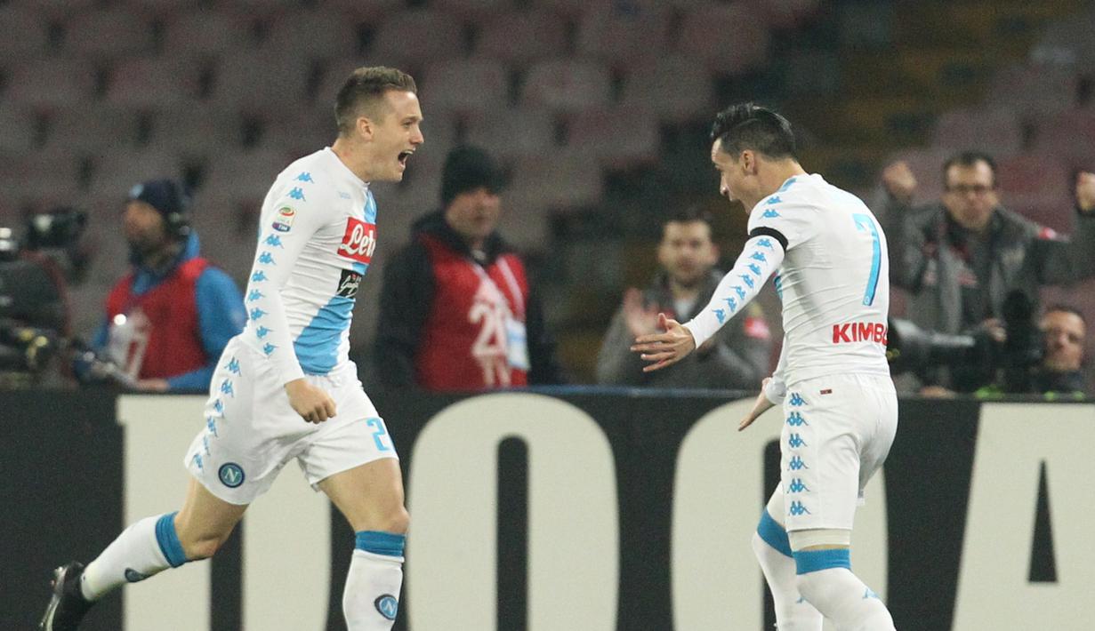 Ekspresi pemain Napoli, Piotr Zielinski, setelah membobol gawang Inter Milan pada menit ke-2. (AFP/Carlo Hermann)