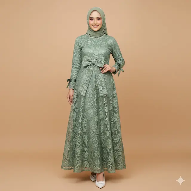 Model Gamis Warna Sage Green dengan Detail Brokat Floral untuk Akad Nikah. Gemini