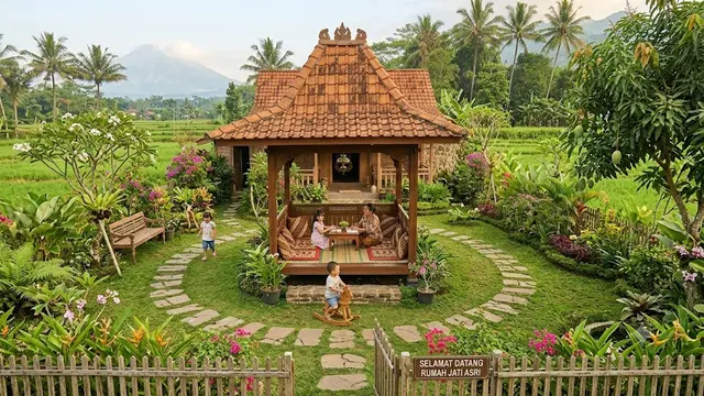 Inspirasi Rumah Pedesaan dengan Taman dan Pendopo yang Asri Model Pendopo di Tengah Halaman