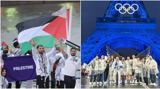 Anggota delegasi Palestina&nbsp;dan Israel&nbsp;selama upacara pembukaan Olimpiade Paris 2024, 26 Juli 2024. (Wang Dongzhen/ POOL/AFP Instagram @olympicteamisrael)