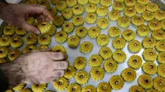 Seorang tukang roti Palestina meletakkan "maamoul" segar, kue tradisional berisi kurma atau kacang, di atas nampan pada malam Idul Fitri di akhir bulan suci Ramadhan, di Yerusalem, Kamis (20/4/2023). (Photo by AHMAD GHARABLI / AFP)