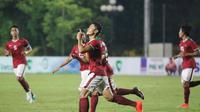 Striker Timnas U-19, Dimas Drajad merayakan gol yang dicetaknya ke gawang Thailand. (PSSI)